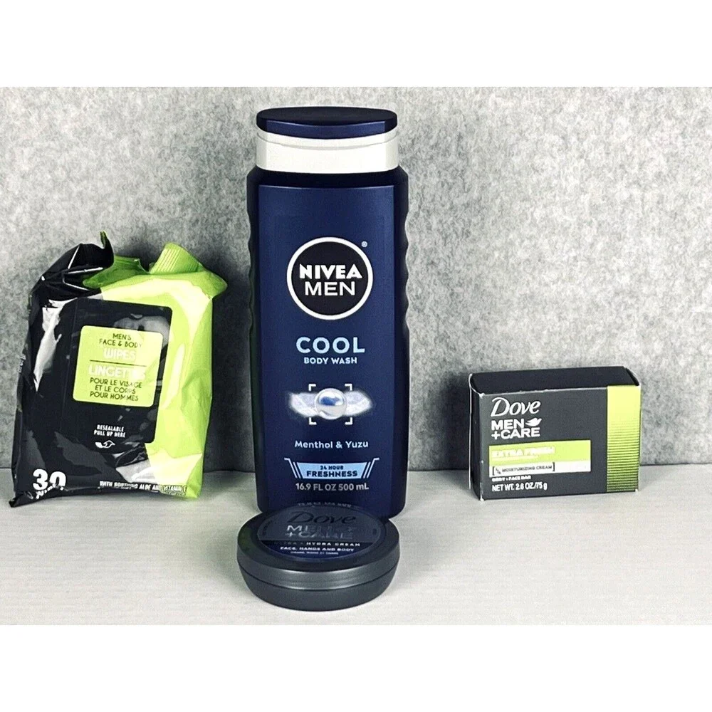 Dove Nivea Mens Grooming Set 4 Piece Body Wash Soap Wipes Travel Kit New